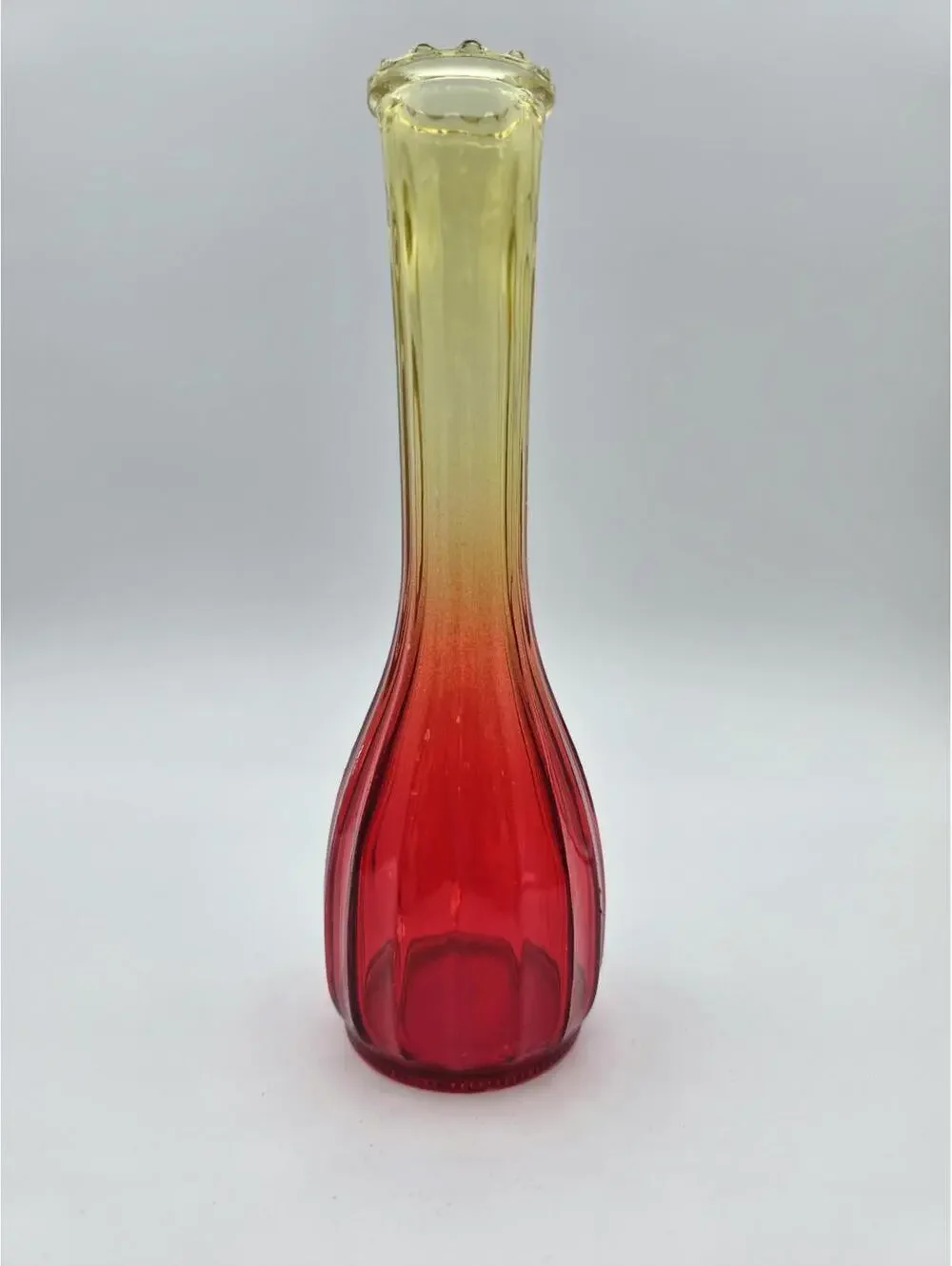 Vintage Jeannette Amberina Glass Red to Amber Ribbed Bud Vase MCM